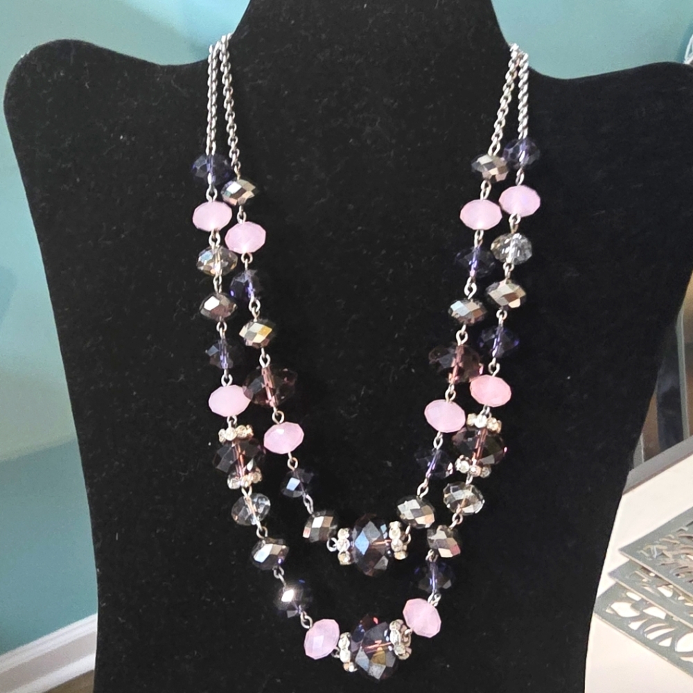 Elegant Trifari Crown Purple, Lavender and Pink Double-strand Crystal Necklace